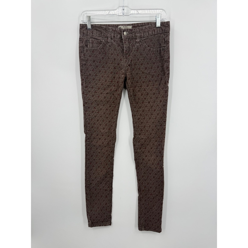 Free People‎ Floral Corduroy Skinny Pants Womens 26 Brown Ditsy Print Low Rise